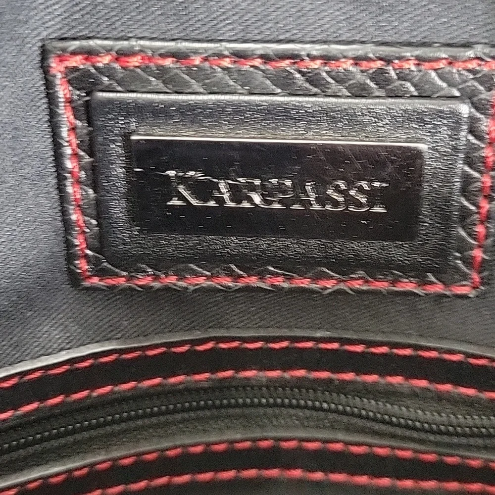 Karpassi Black Leather Briefcase Laptop Bag with Red Stitching